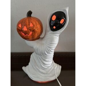 Vintage Light Up 12" Ceramic White Ghost Holding Pumpkin Halloween Decor Speckle
